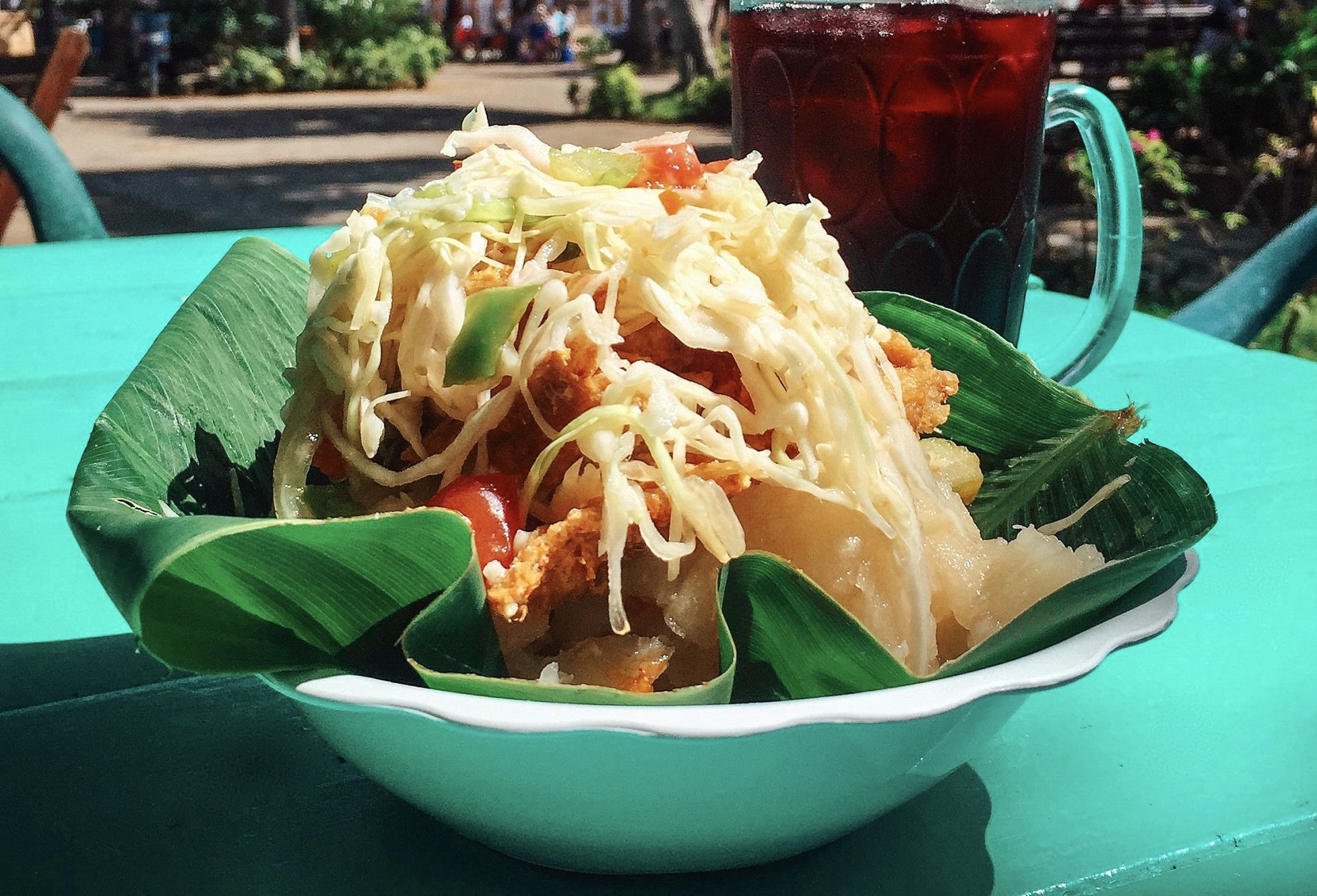 a plate of vigoron, nicaraguan food, what to eat in granada nicaragua