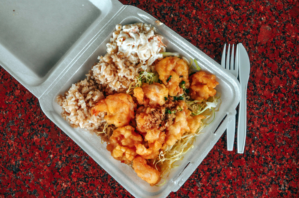 Garlic shrimp with brown rice and mac salad at L&L Hawaiian Barbecue