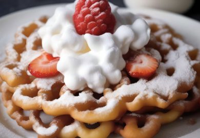 funnel cake with fresh fruit and whipped cream