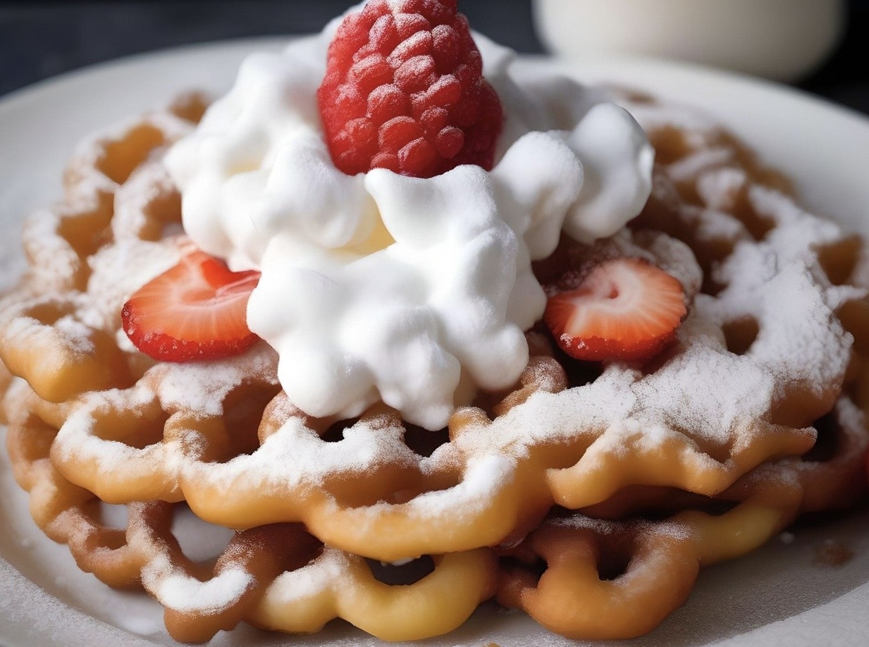 funnel cake with fresh fruit and whipped cream