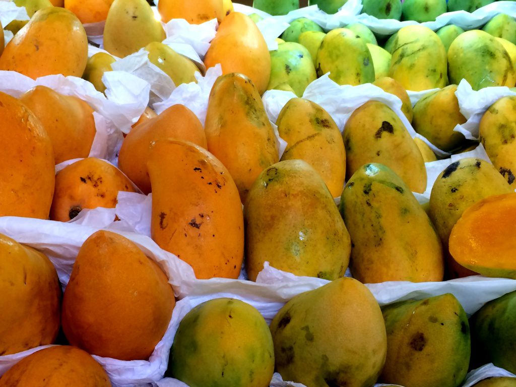 ripe mangos at a market in mexico